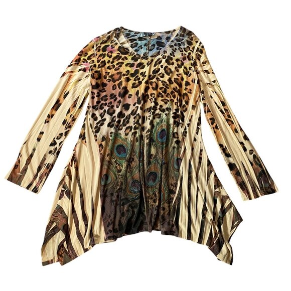 Leopard & Peacock Print Long Sleeve Tunic Top With Beaded Details 1X - Picture 1 of 12